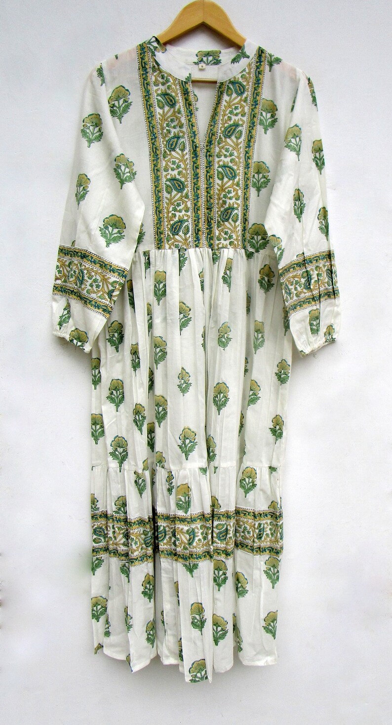 summer big boota block printed long maxi dress - v collared neckline bohemian dress - long sleeve cotton maxi image 4