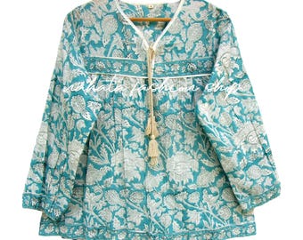 cyan color printed cotton blouse tops - v neckline with tassel blouse - long sleeve boho tunics