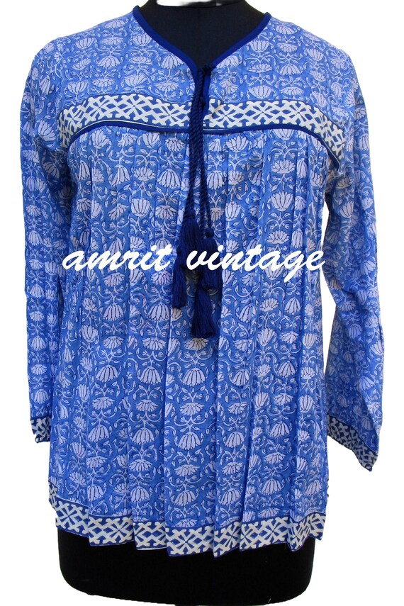Blue Floral Block Print Cotton Blouse – Long Sleeve Boho Top with Tassels – Indian Handmade Peasant Shirt – Lightweight Summer Kurti