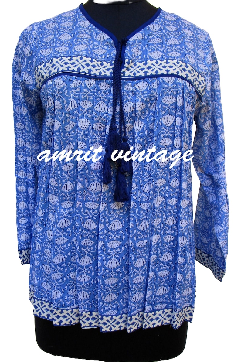 Blue Floral Block Print Cotton Blouse – Long Sleeve Boho Top with Tassels – Indian Handmade Peasant Shirt – Lightweight Summer Kurti image 1