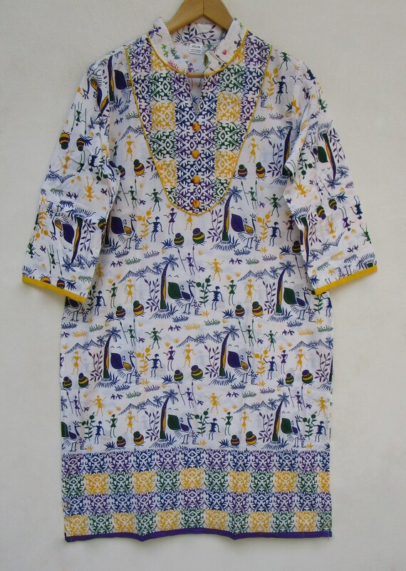 Buy Nature Printed Cotton Summer Women Long Kurtis and Tunics Collared Neckline With Print Border Kurtis 3 4th Sleeve Bohemian Kurtis Online in India Etsy
