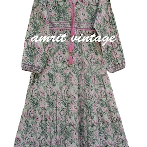Green Pink Floral Block Print Cotton Maxi Dress – Tassel V Neck Boho Dress – Long Sleeve Indian Tiered Summer Dress