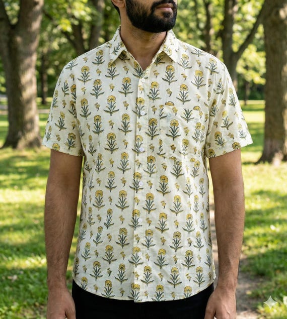 mens green floral dress shirt Flower Linen Shirt main image 1