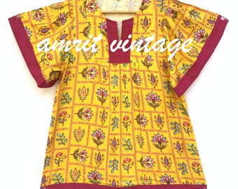 Blusa de algodón con estampado floral amarillo – Blusa boho de manga corta hecha a mano