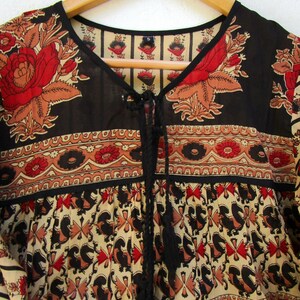 floral screen printed cotton blouse tops - v neckline with tassel summer blouse - long sleeve bohemian tunics image 2