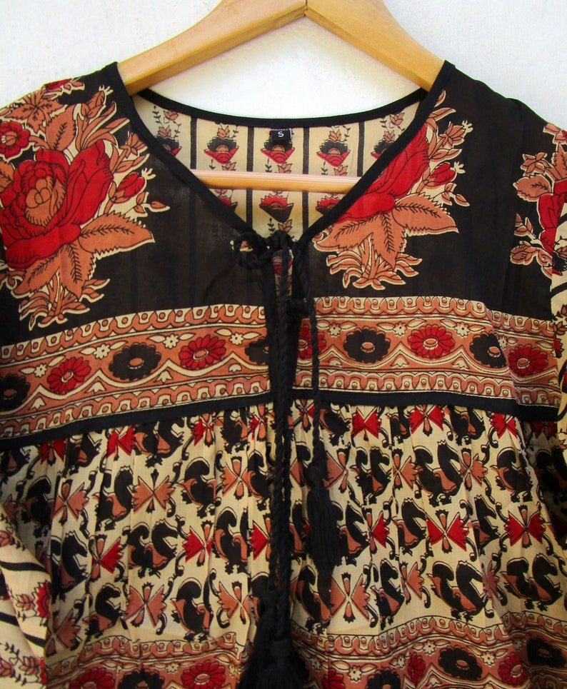floral screen printed cotton blouse tops - v neckline with tassel summer blouse - long sleeve bohemian tunics image 2