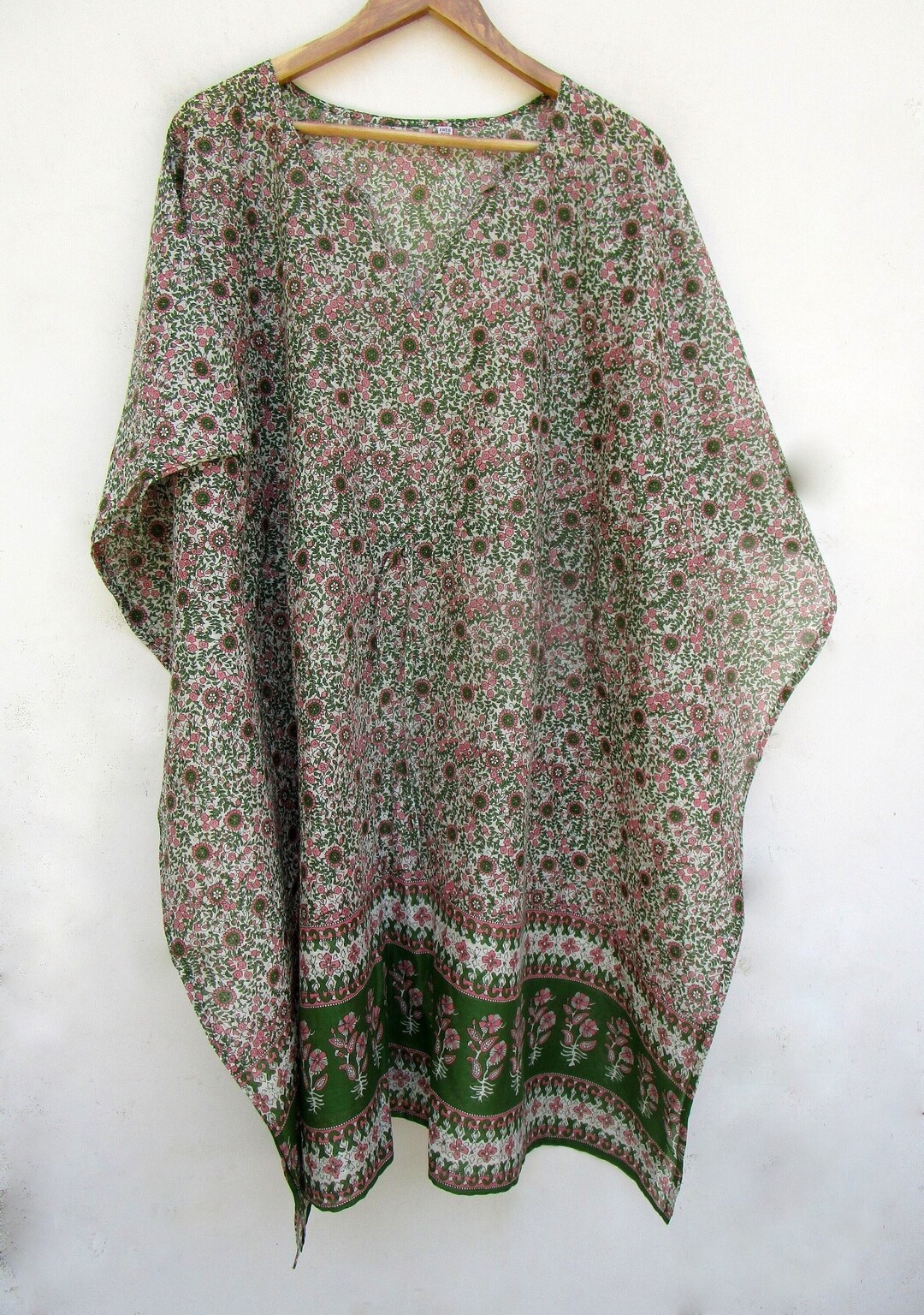 Beach Wear Cotton Mini Kaftan V Neckline With Drawstring Boho Mini