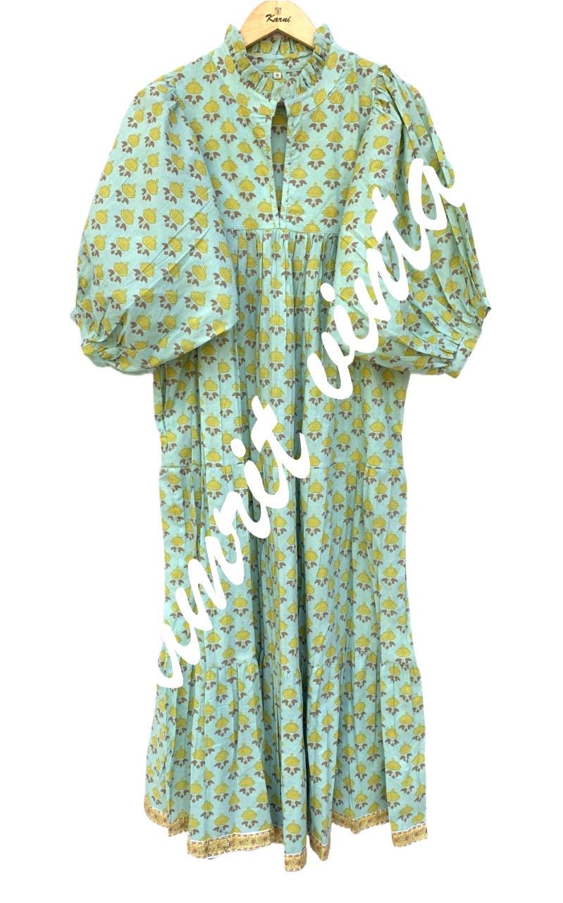 Green-yellow Floral Block Printed Women's Maxi Dress - Frill Collar With  Belt Cotton Long Maxi Dress - Etsy