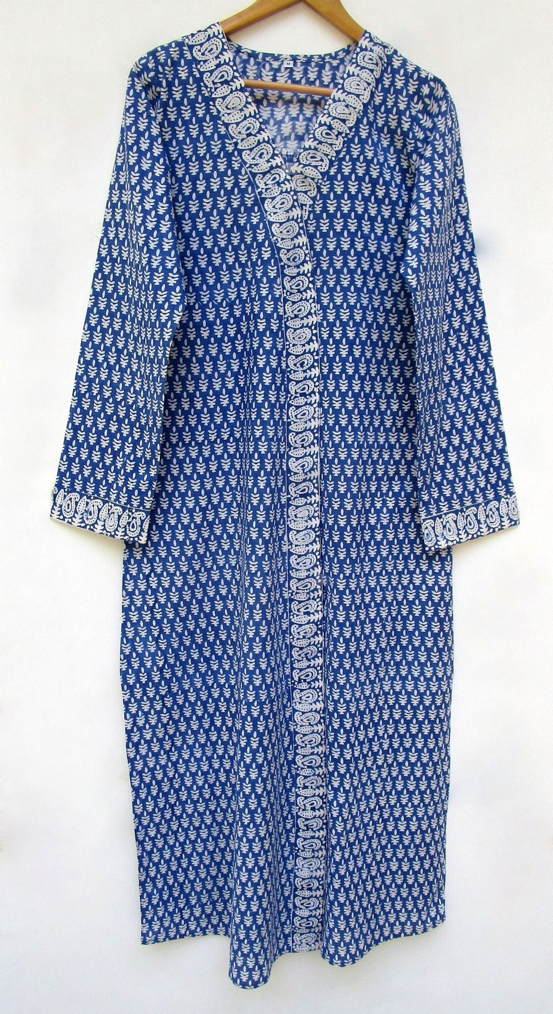 Blue Floral Hand Block Printed Cotton Summer Robes V Neckline With