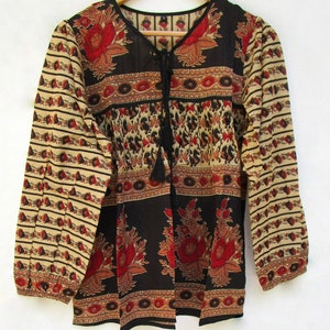 floral screen printed cotton blouse tops - v neckline with tassel summer blouse - long sleeve bohemian tunics image 4