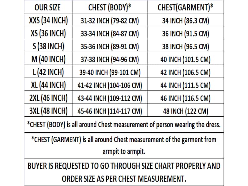 May include: Size chart for clothing with measurements in inches and centimetres. The chart shows chest measurements for both the body and the garment. The chart includes sizes from XXS to 3XL.