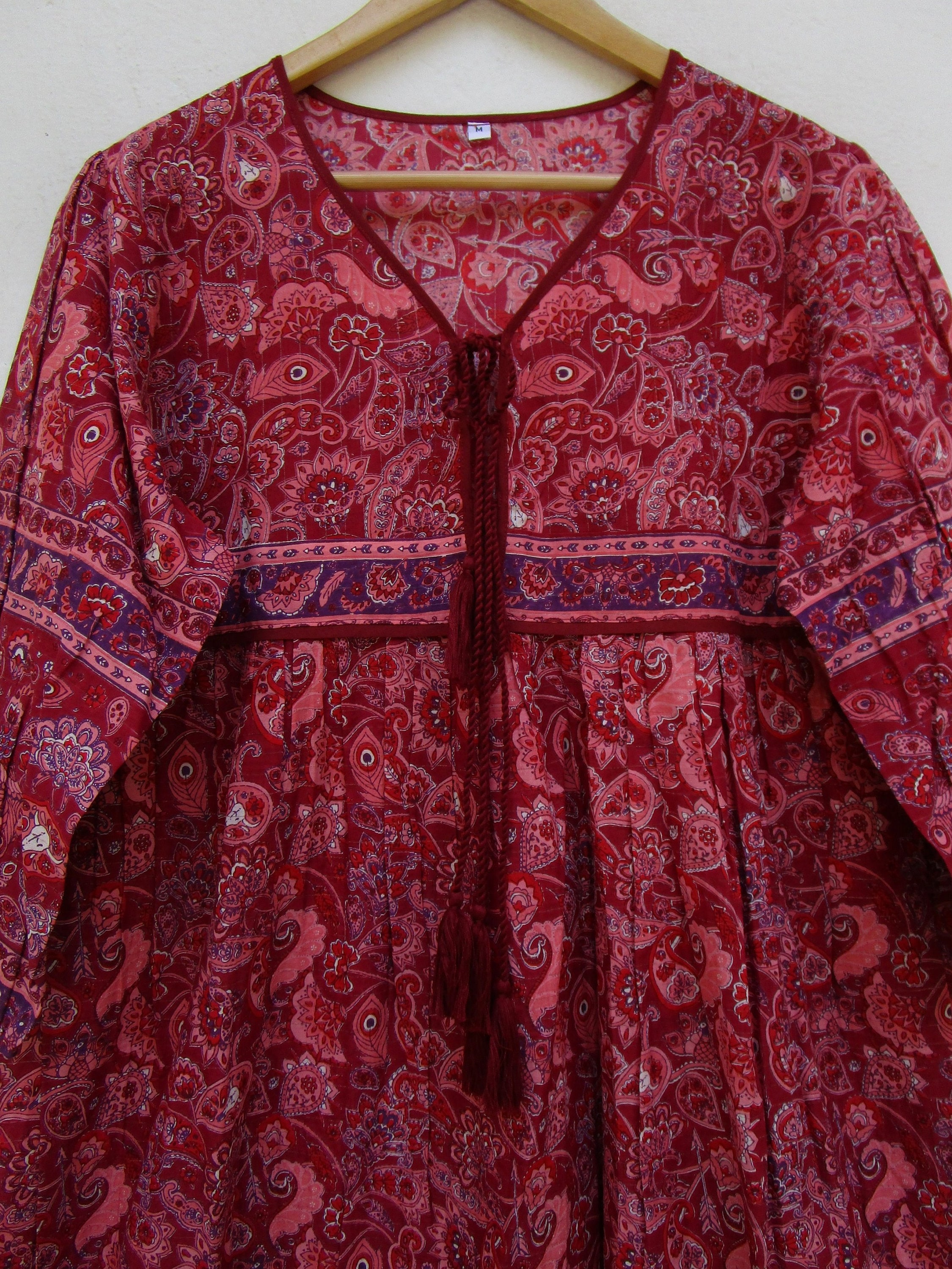 Vintage Paisley Cotton Maxi Dress - V-Neck Tassel Bohemian