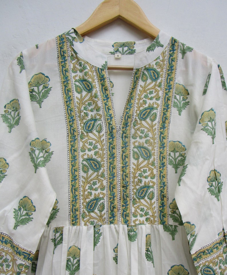 summer big boota block printed long maxi dress - v collared neckline bohemian dress - long sleeve cotton maxi image 2