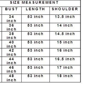 May include: Size chart for clothing with measurements in inches for bust, length, and shoulder. Sizes include XXS, XS, S, M, L, XL, 2XL, and 3XL.