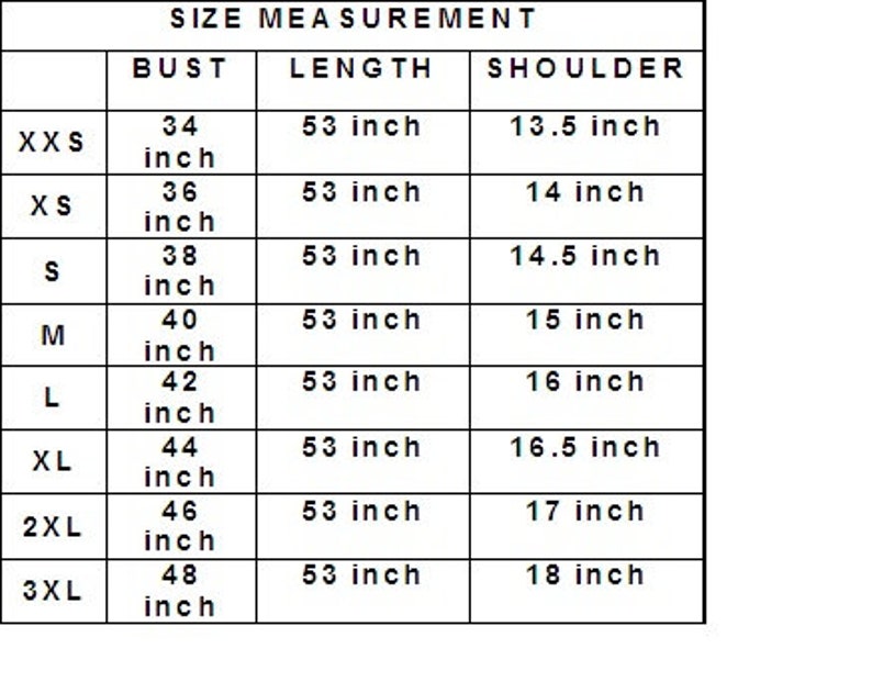 May include: Size chart for clothing with measurements in inches for bust, length, and shoulder. Sizes include XXS, XS, S, M, L, XL, 2XL, and 3XL.