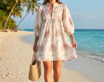 Palm Tree Print Cotton Mini Dress – Ivory Puff Sleeve Boho Summer Dress