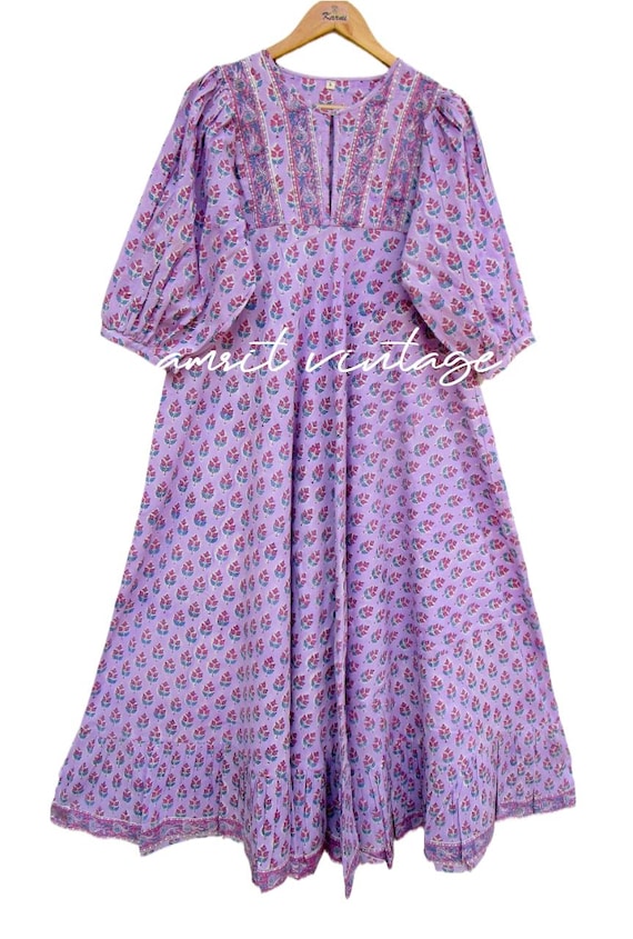 Lavender Floral Hand Block Printed Cotton Maxi Dress - Boho Peasant Dress with Puff Sleeves & Embroidered Yoke - Amrit Vintage