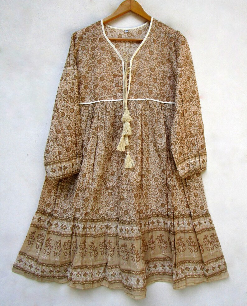 boho and hippie beige floral mini maxi dress v neckline with tassel summer mini maxi dress long sleeve mini dress image 1