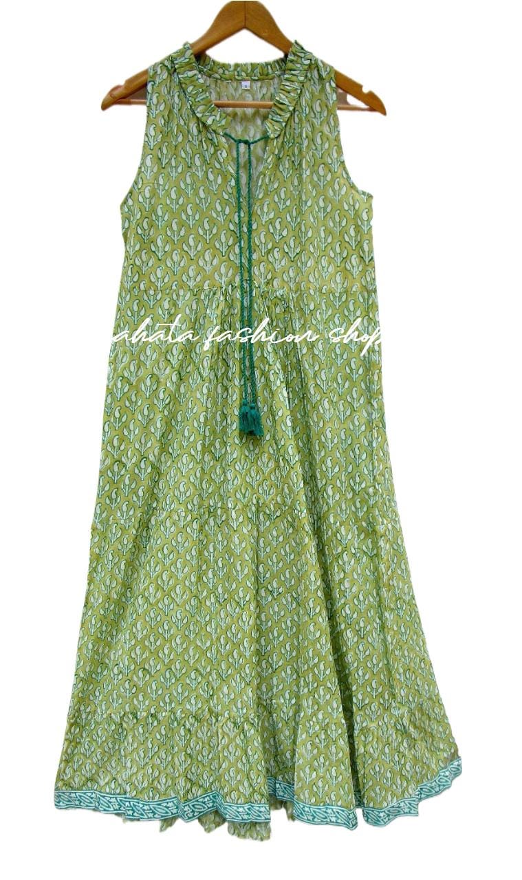 Green Block Print Cotton Dress – Sleeveless Ruffle Neck Summer Dress with Tassel Tie – Boho Midi