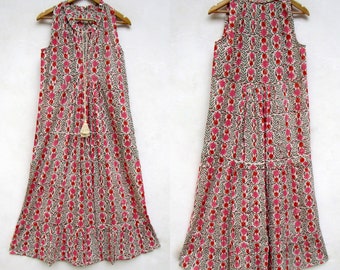pink and red striped floral block print cotton bohemian maxi dress - sleeve less dress - Henley ruffle neckline with tassel maxi