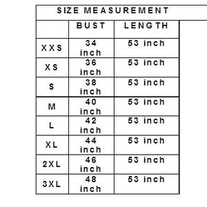 May include: Size chart showing bust and length measurements in inches for sizes XXS to 3XL.