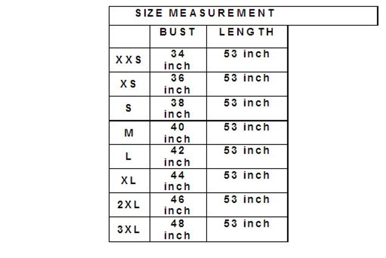 May include: Size chart showing bust and length measurements in inches for sizes XXS to 3XL.