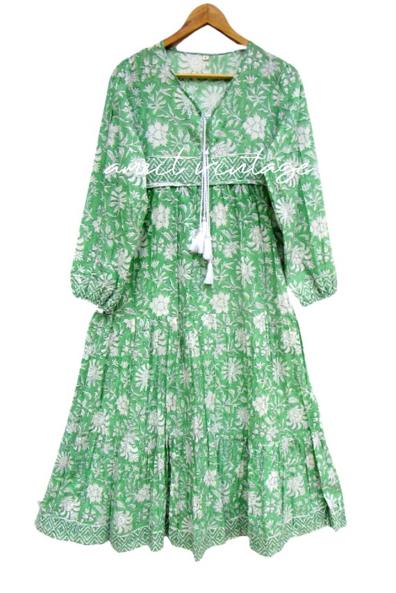Summer Green Floral Block Printed Maxi Dress - V Neckline With Tassel  Cotton Long Dress - Long Sleeve Bohemian Maxi - Etsy
