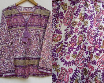 pink paisley printed cotton bohemian tops and tunics - v neckline with tassel tops and blouse - long sleeve summer blouse - picnic boho tops