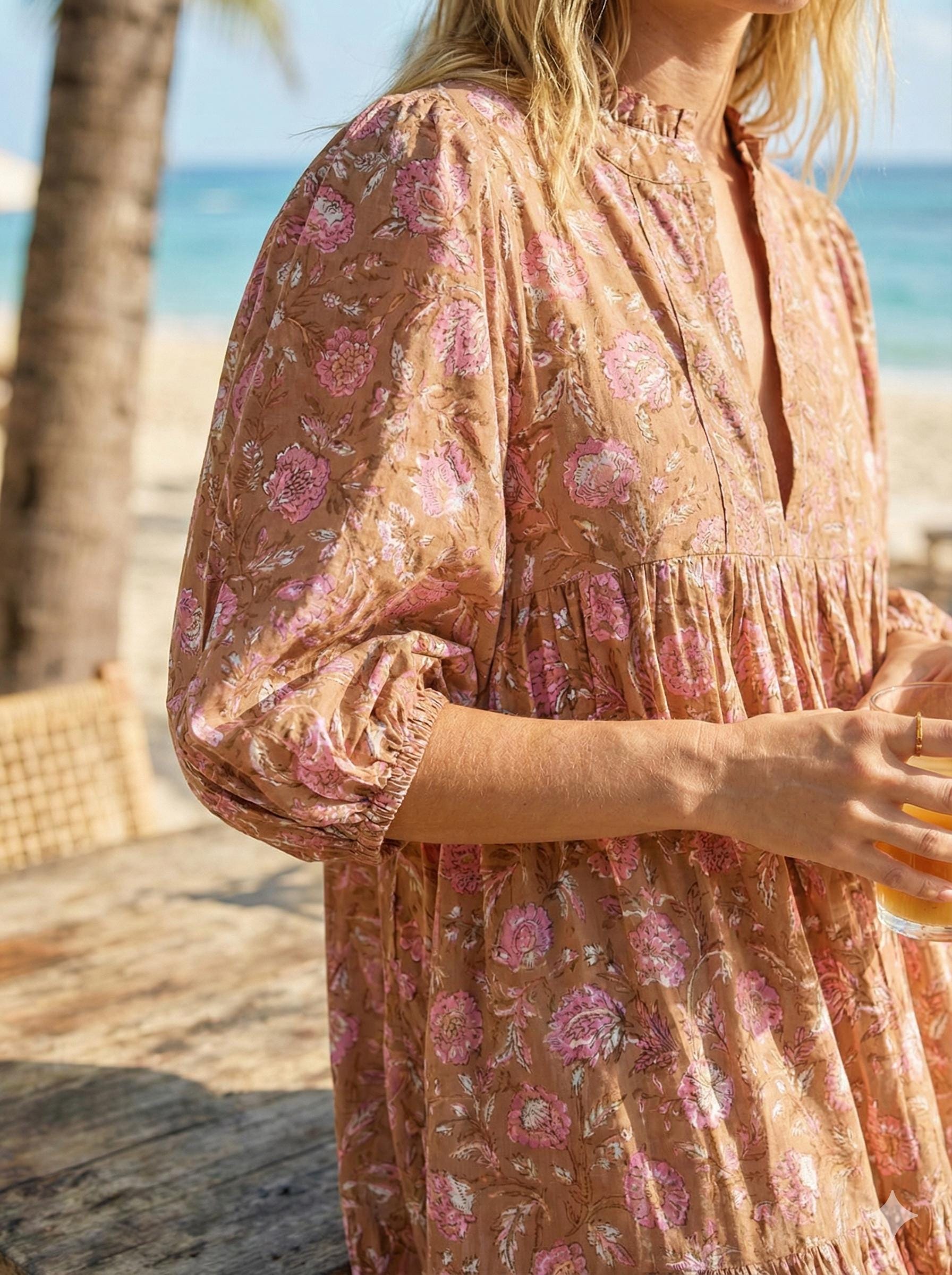 Caramel Brown Pink Floral Hand Block Printed Cotton Maxi Dress