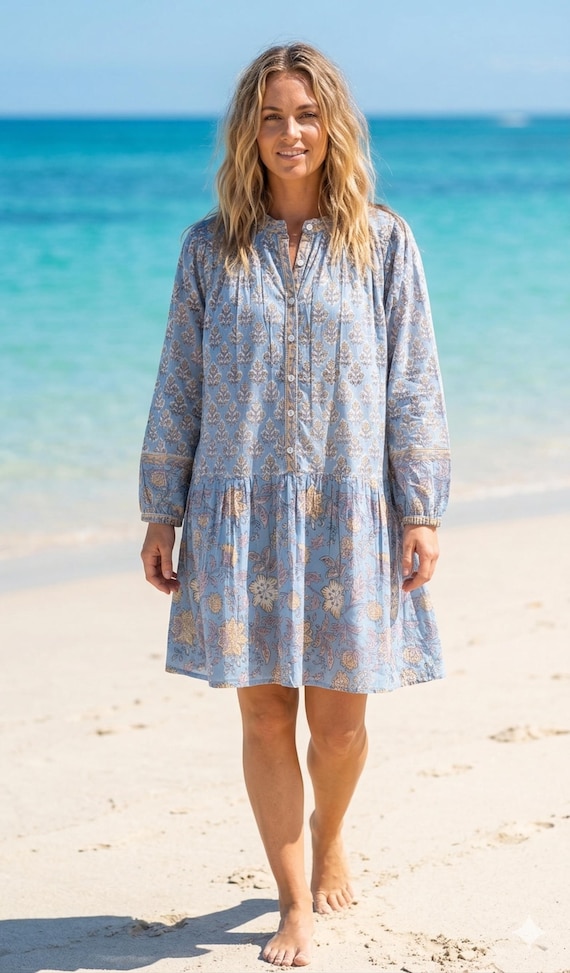 boho dress with belt Women's Bohemian White Cotton Maxi Pockets Color:Sky Blue Posey 2025 Women's Summer Dresses Adorned with full sleeves Honbria