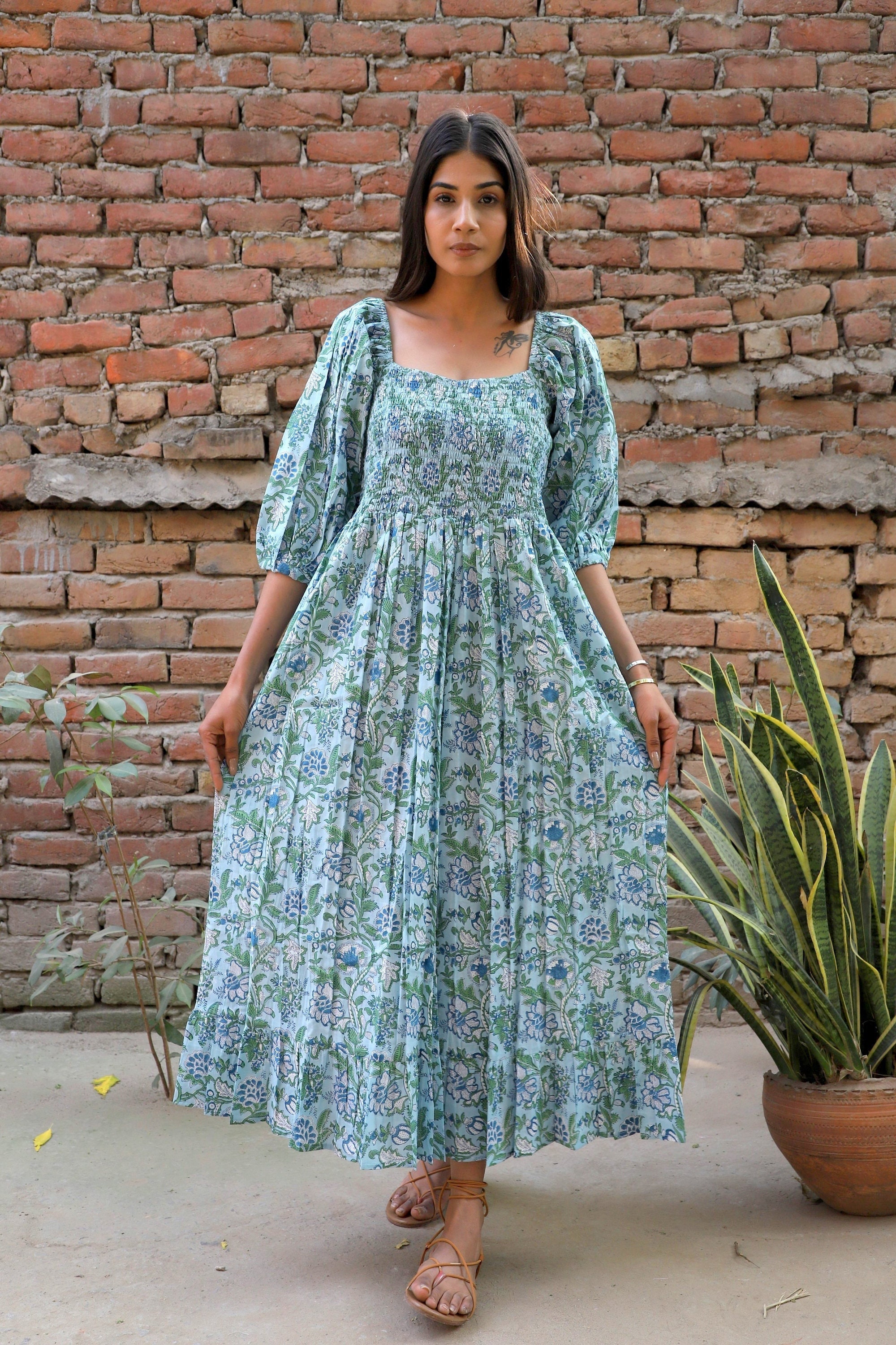 CARTOGRAPHIC PATTERN DRESS ブルーM Blue-green Hippie Style Hand Block Printed Maxi Dress