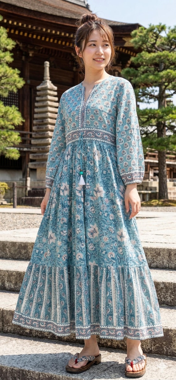 bohemian tiered dress Teal Blue Floral Block Print Cotton Maxi – Boho Dress 🦋• NEW ARRIVAL •🦋 bestof Color:POOL line silhouette High
