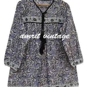 Boho Paisley Cotton Tunic Top – Hand Block Printed Tassel Tie Blouse – Long Sleeve Indian Peasant Shirt for Women