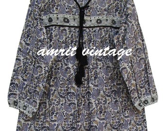 Boho Paisley Cotton Tunic Top – Hand Block Printed Tassel Tie Blouse – Long Sleeve Indian Peasant Shirt for Women