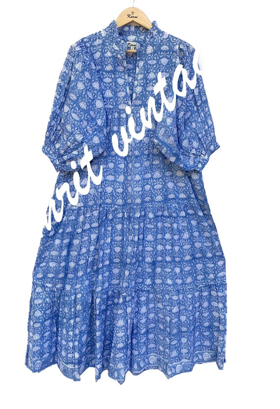 Blue Floral Cotton Block Print Midi Dress - Boho Puff Sleeve Tiered Dress - Handmade Indian Smock Dress