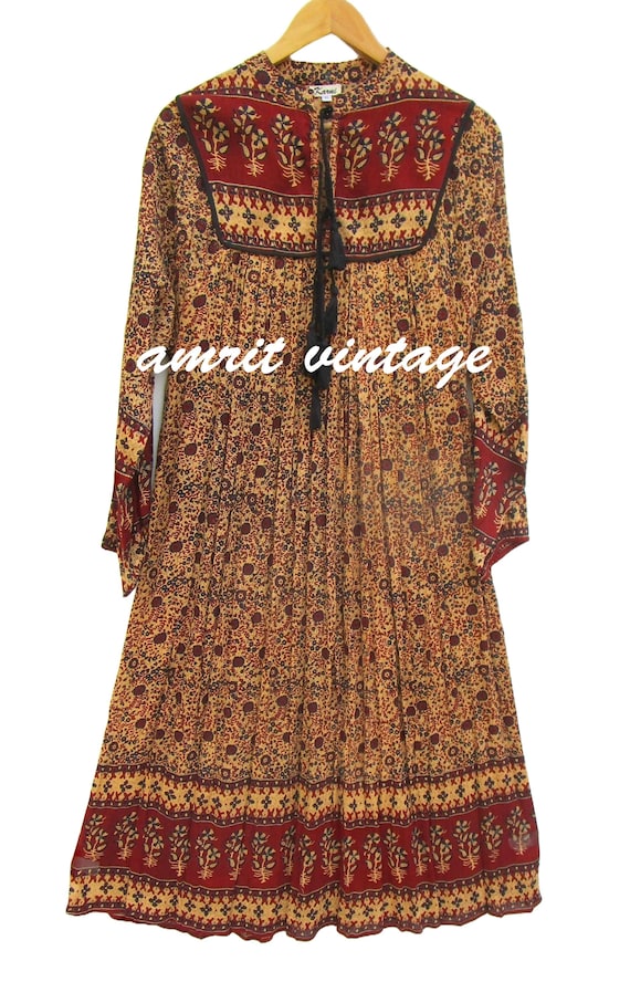 Rust Floral Rayon Midi Dress - Boho Block Print Dress with Embroidered Yoke - Long Sleeve Tassel Tie Indian Folk Dress