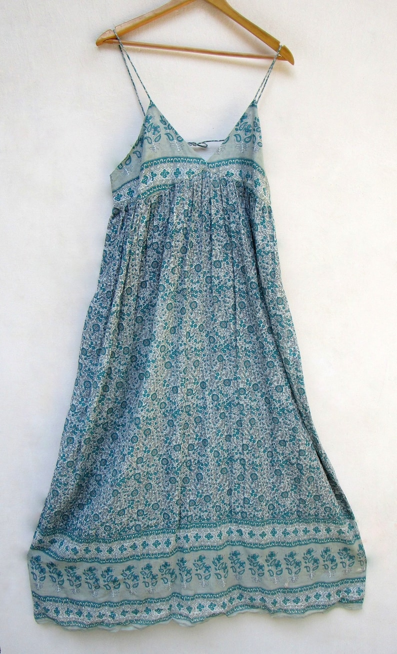 teal green floral printed cotton long women maxi dress - sleeve less with strap dress - v neckline bohemian women maxi image 1