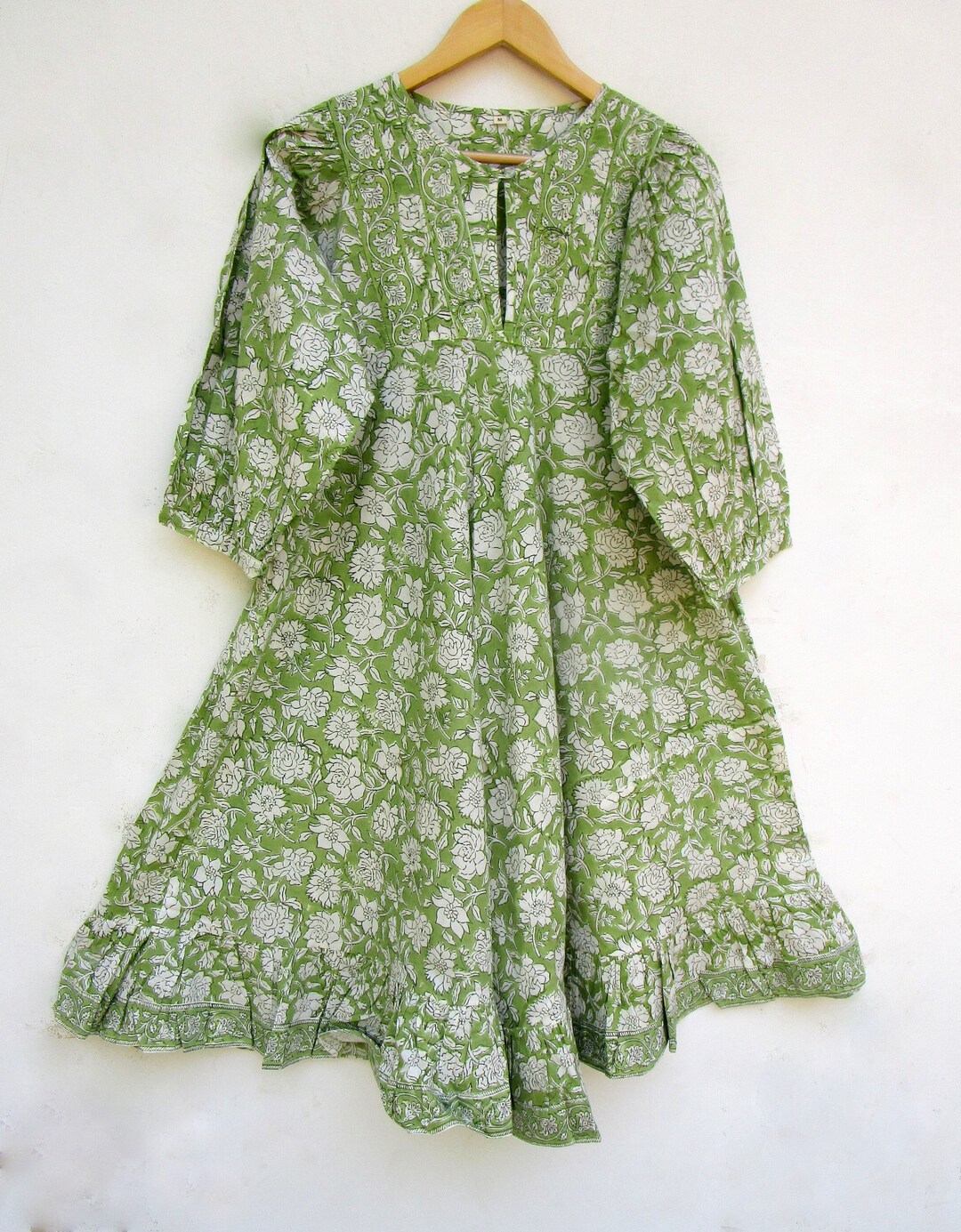 dark orchid jade green hand block printed cotton floral maxi dress - 3/4th sleeve long dress