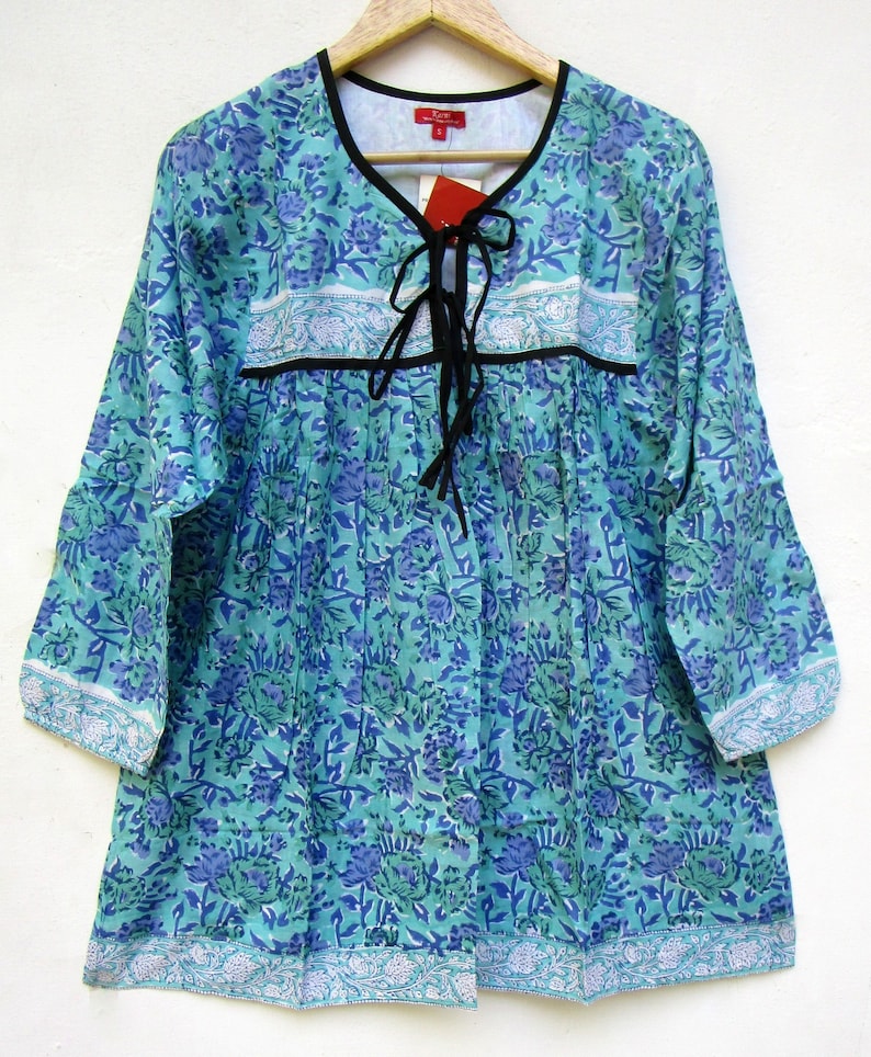 summer vintage blue floral women blouse and tops v neckline with tassel tops long sleeve boho blouse