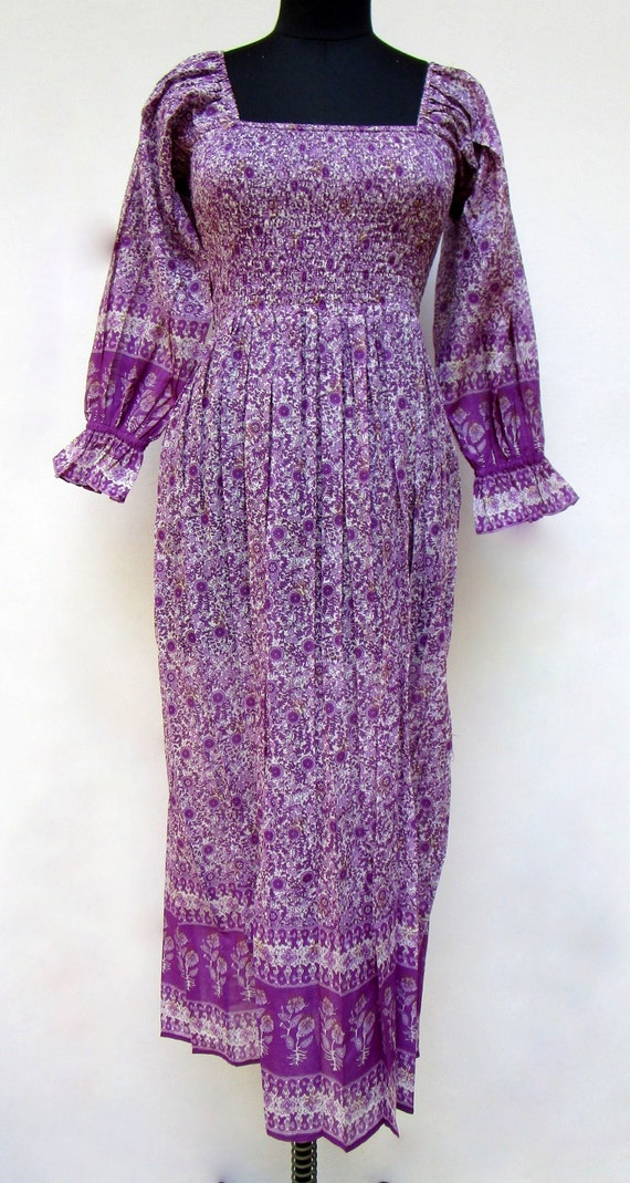 Purple Floral Screen Printed Cotton Long Maxi Dress Square Neck With Smocked Bohemian Maxi Dress Long Sleeve Summer Maxi Dress Etsy Canada