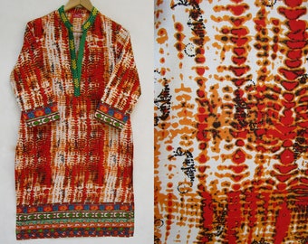 orange summer tye dyed printed bohemian kurtis | collared neckline with printed border kurtis | 3/4th sleeve casual kurtis