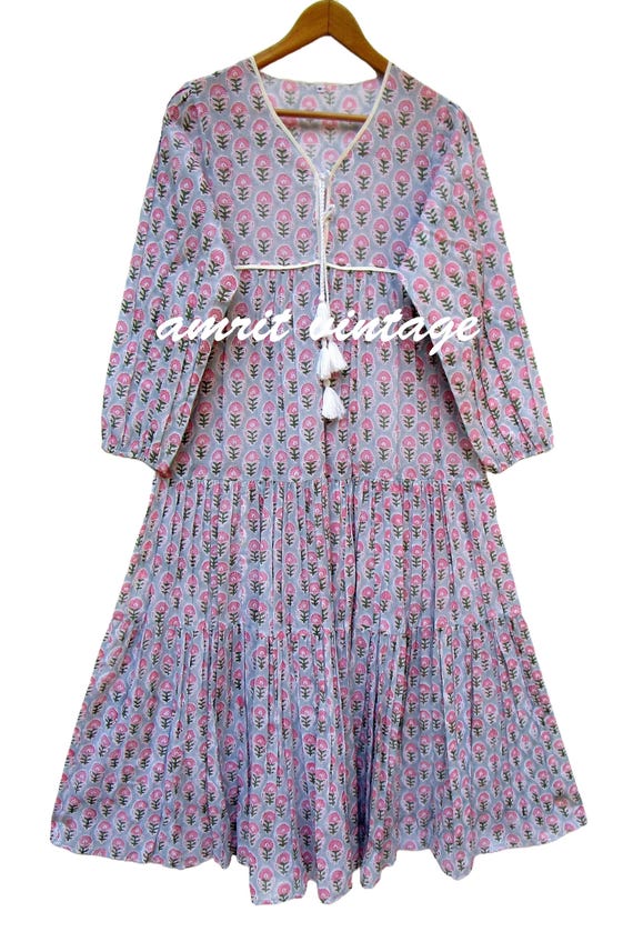 Pink Floral Cotton Boho Midi Dress  Hand Block Print Tiered Dress With  Tassels  Long Sleeve Indian Prairie Style Tunic - Etsy