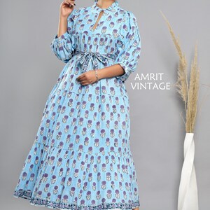Blue Floral Block Print Cotton Maxi Dress – Collared Belted Boho Long Sleeve Summer Dress with Pockets – Handmade Indian Dress