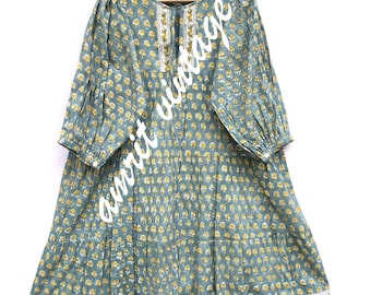 Indian Green Yellow Botty Pattern Block Printed Women's Mini Maxi Dress - Henley Neckline with Cotton Ties Mini Dress