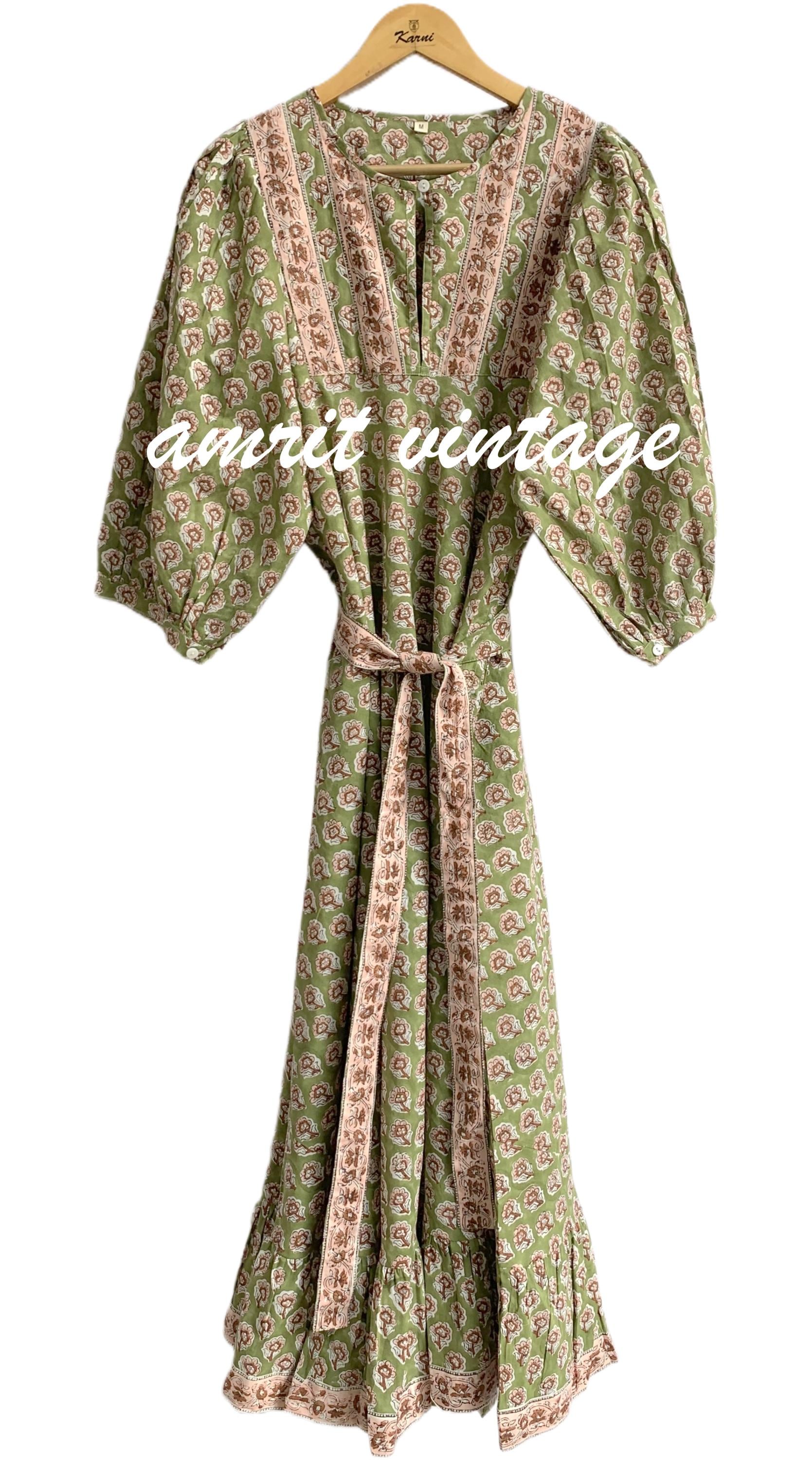 Sage Green Floral Hand Block Printed Cotton Maxi Dress - Indian Boho Tiered Long Dress