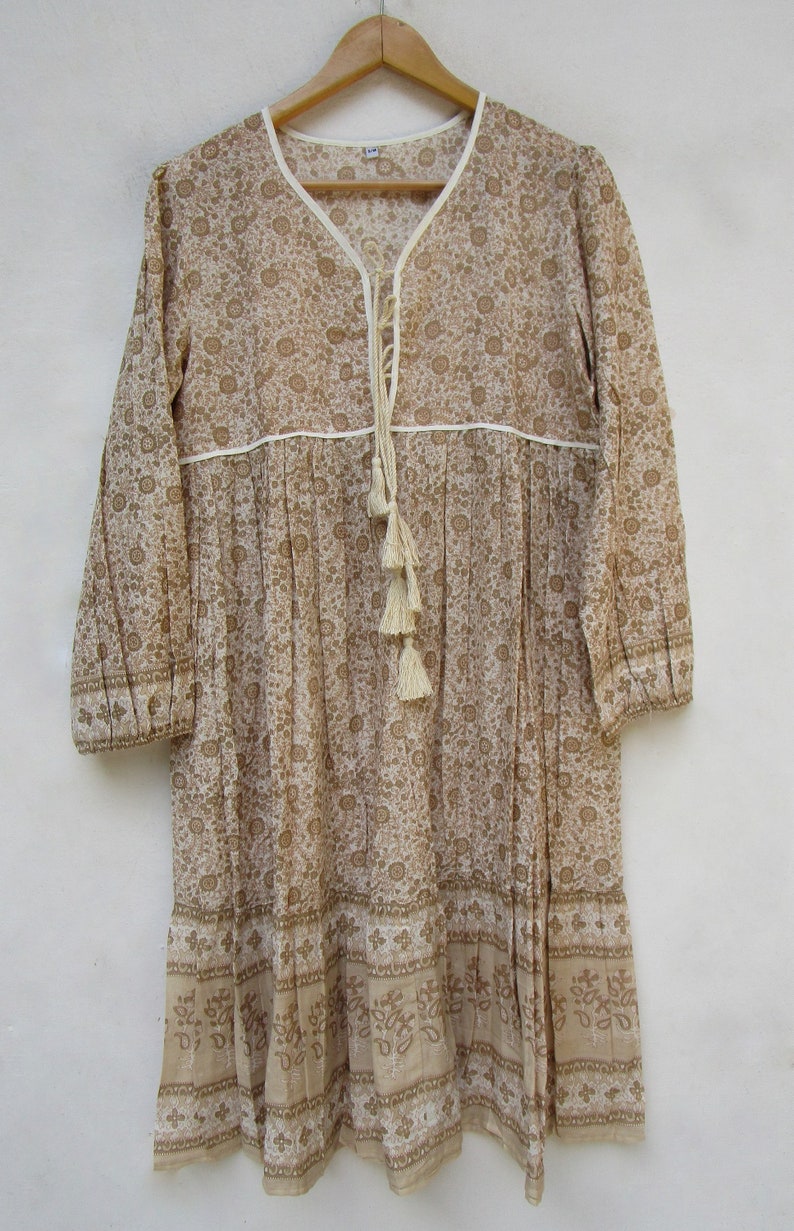 boho and hippie beige floral mini maxi dress v neckline with tassel summer mini maxi dress long sleeve mini dress image 5