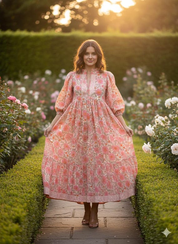 Pink Floral Block Print Cotton Maxi Dress - Boho Puff Sleeve Summer Dress