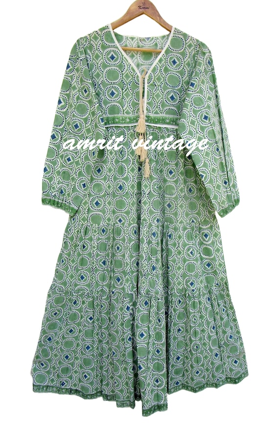 Green Geometric Block Print Cotton Maxi Dress - Long Sleeve Tassel Neck Boho Dress - Handmade Indian Summer Dress Green Geometric Block Print Cotton Maxi Dress - Long Sleeve Tassel Neck Boho Dress - Handmade Indian Summer Dress
