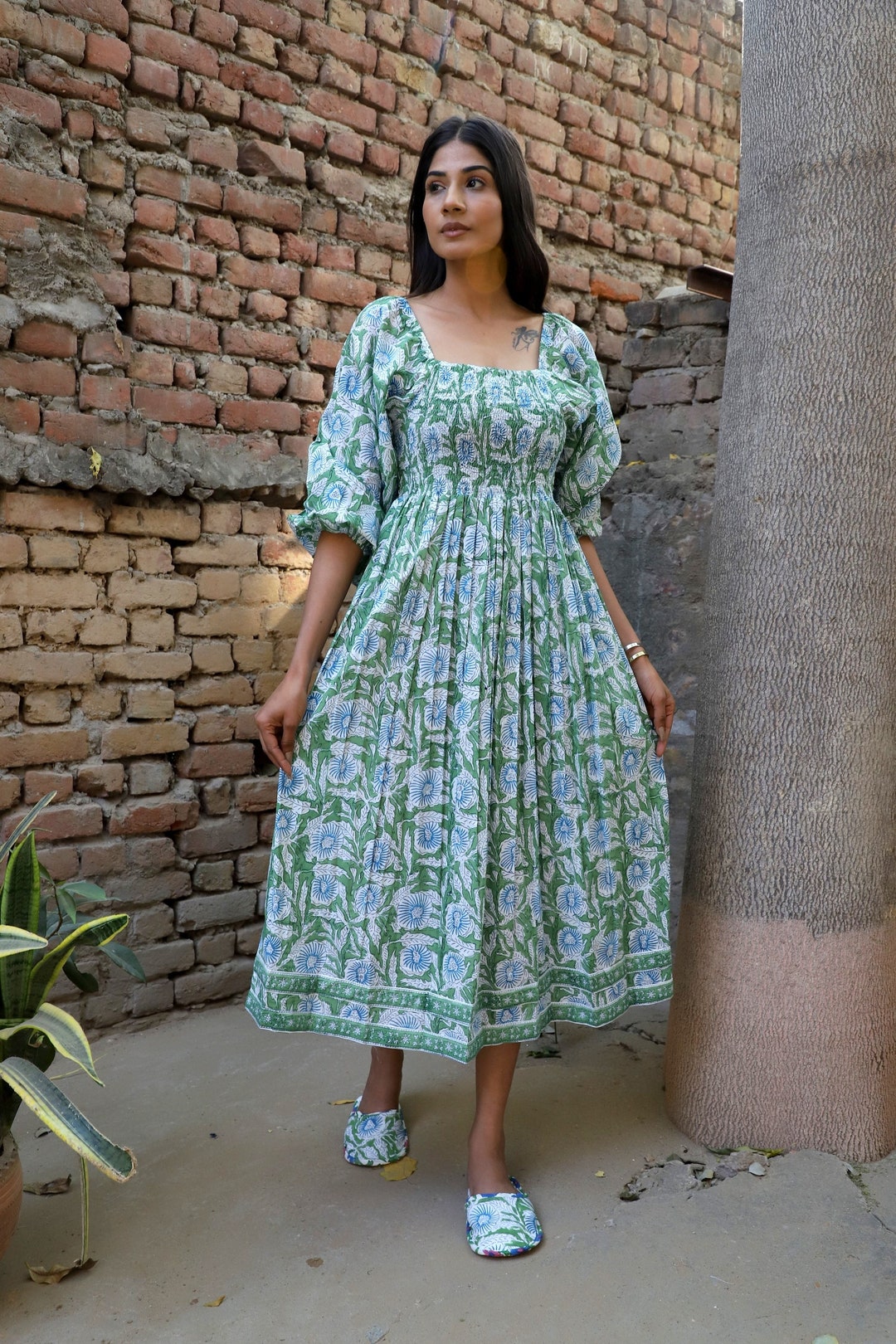 Green Block Printed Floral Long Maxi Dress - Square Neckline With