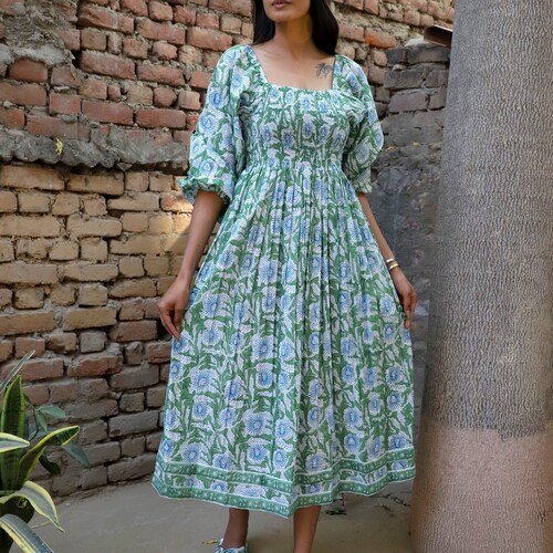 green block printed floral long maxi dress - square neckline with smocking cotton dress - long sleeve bohemian maxi green block printed floral long maxi dress - square neckline with smocking cotton dress - long sleeve bohemian maxi
